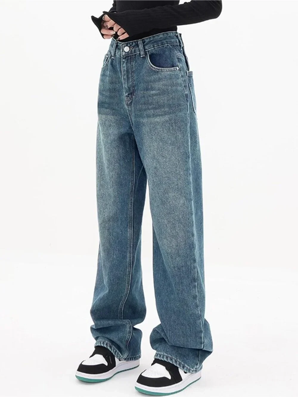 Women's Blue Denim Y2k Straight Leg Button Zipper High Waisted Baggy Jean